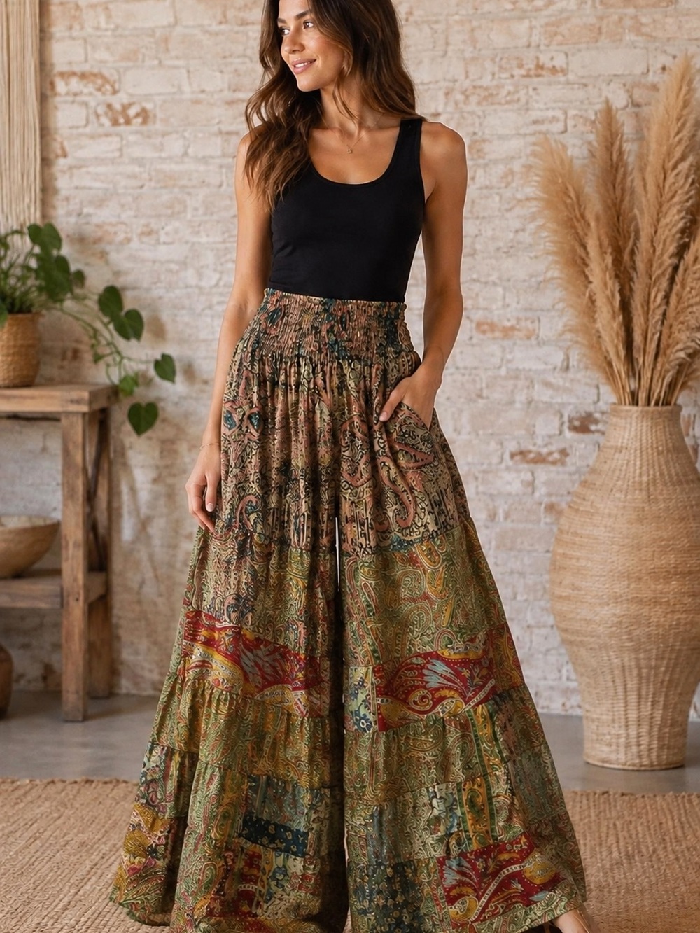 Bohemian Paisley Maxi Skirt in Olive Multi